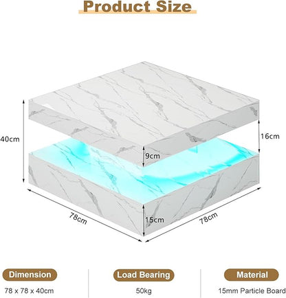White Marble LED Coffee Table for Living Room, Living Room Table 2-Tier Square Middle Center Table, Modern Coffee Tables with Storage, Contemporary Wood Tea Tables for Dining Reception