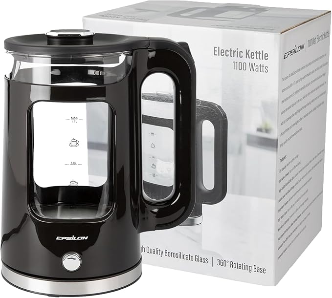 Epsilon 1.7L Glass Electric Kettle – Hot Water Tea Kettle with LED Light, Stainless Steel & Borosilicate Glass, Auto Shut-Off, BPA-Free Electric Teapot, 1100W Fast Boil, Cool Touch