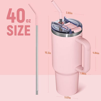 COKTIK 40 oz Tumbler With Handle and Straw Lid, Vacuum Insulated Travel Coffee Mug Stainless Steel Insulated Cup for Beverages, Leak-proof, Cupholder Friendly (Blush)