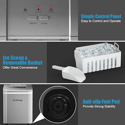 COSTWAY Countertop Ice Maker, 26Lbs/24H Portable Ice Machine with Self-Cleaning Function, Bullet Ice Cubes Ready in 8 Mins, Scoop and Removable Basket,Ice Maker for Home Party Bar, Silver
