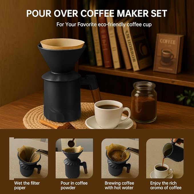 Pour Over Coffee Maker Set, Ceramic Pour Over Coffee Dripper 15.5oz/450 ml with 25 Pcs V60 Paper Filter, Coffee Pour Over Set for Camping, Black