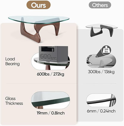 Noguchi Table Triangle Glass Coffee Table Vintage Glass End Table, Solid Wood Base and Triangle Clear Glass Top Modern End Table for Living Room, Patio, Study, Dark Walnut
