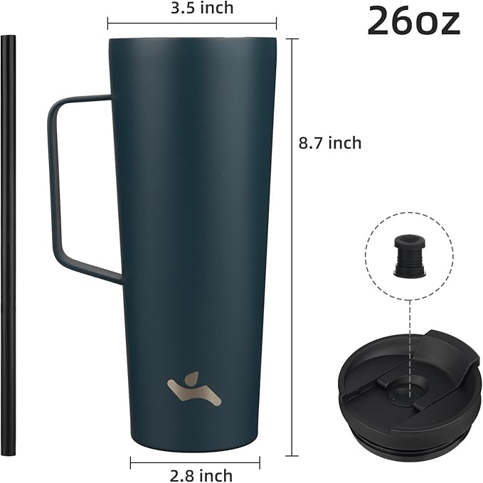 Insulated Tumbler with Handle and Straw, 26 OZ Travel Coffee Mug Stainless Steel Cup Metal Water Bottle,Navy Blue