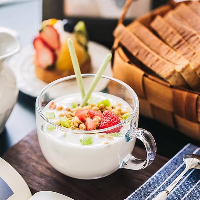 Large Clear Glass Coffee Mugs Set of 2,14.8 oz(440ml)-Wide Mouth Tea Cups with Handle and Spoon Transparent Drinking for Cappuccino Cups, Latte, Milk color 4 Piece