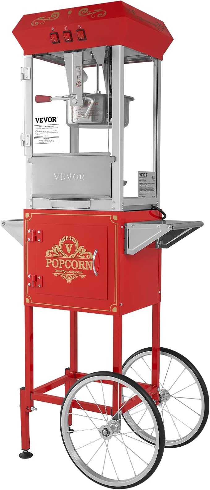 VEVOR Commercial Popcorn Machine, 8 Oz Kettle, 850 W Popcorn Maker on Wheels for 48 Cups per Batch, Theater Style Popper with 3-Switch Control Steel Frame Tempered Glass Doors Cart 1 Scoop 2 Spoons