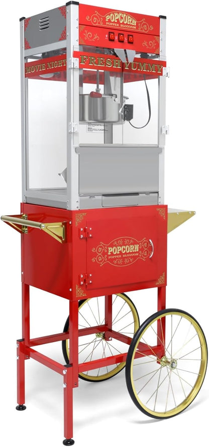 20oz Popcorn Machine with Cart, Wheels & Stainless Steel Kettle, Vintage Movie Theater Style, Popcorn Maker Machine for Parties, Events, Home & Commercial Use, Red