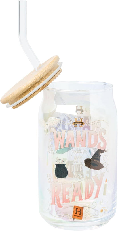 Silver Buffalo Harry Potter Iconic Icons Pattern Wands at the Ready 2 Pack Glass Jar Tumbler with Bamboo Lid and Glass Straw, 16 Ounces