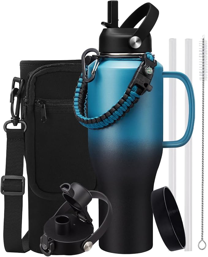 40 oz Insulated Water Bottle with Handle and Straw - Stainless Steel Water Tumbler, Keep Cold-48h & Hot-24h, Metal Water Bottle 40oz Coffee Tumbler Fits in Cup Holder for Car Travel Work Gym Sport
