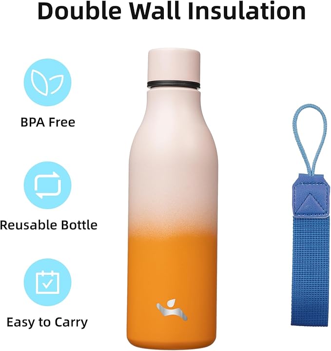 Insulated Water Bottle with Strap,18 oz Double Wall Stainless Steel Vacuum Bottles Metal Water Flask,Coral