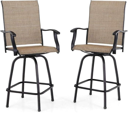PHI VILLA Outdoor Swivel Bar Stools Set of 2, Bar Height Patio Chairs 30" Seat Height with All-Weather Brown Textilene Fabric, Tall Patio Chairs Furniture for Outside, Deck, Yard and Garden