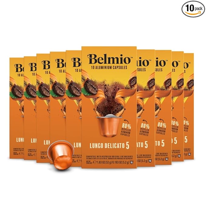 Belmio Lungo Delicato Espresso Coffee Pods – Light Roast – Mild & Aromatic - Nespresso Original Line Compatible – 10 Count (Pack of 10)