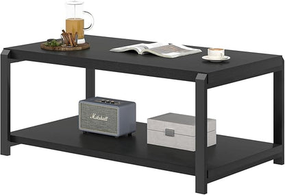 EXCEFUR Black Coffee Table, Modern Rustic Wood Center Table for Living Room, Industrial Rectangle Cocktail Tea Table with Storage Shelf