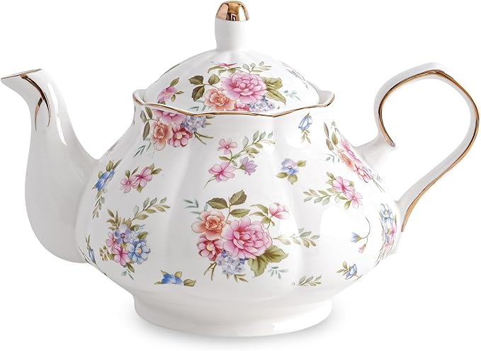 Flower Ceramic Teapot,22oz Porcelain Tea pot for Tea Coffee Milk for Office Home Men Women as Gift(White and small flowers)