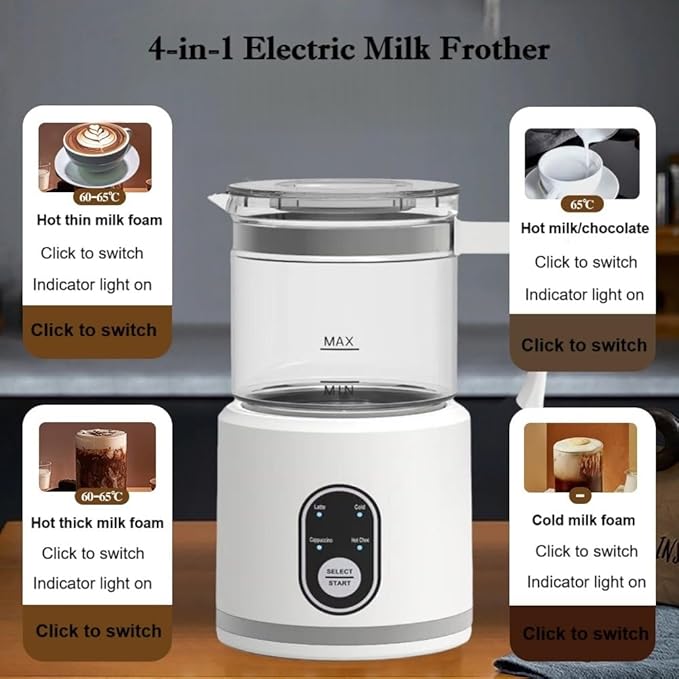 Electric Milk Frother,4 in 1 -Automatic Milk Frother,14oz Silent Operation Hot and Cold Milk Foamer Temperature Control Milk Steamer Warmer for Coffee,Latte,Cappuccino,Hot Choc,Dishwasher Safe (White)