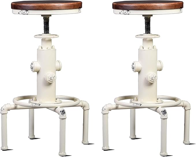 Topower Aged Antique Vintage Industrial Barstool Solid Wood Water Pipe Fire Hydrant Design Cafe Coffee Industrial Bar Stool Set of 2 Antique White