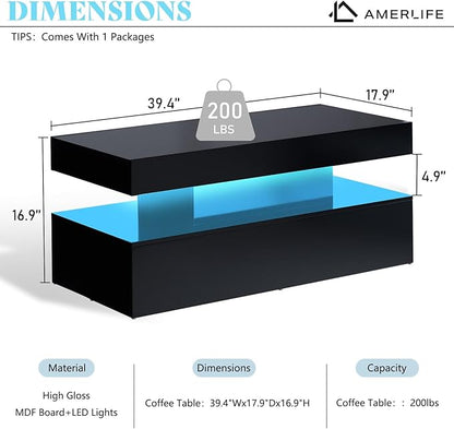 AMERLIFE High Gloss LED Coffee Table, Modern 2-Tier Center Table with LED Lights, Open Storage Space, 40in Simple Rectangular Sofa Side Table for Living Room, Black