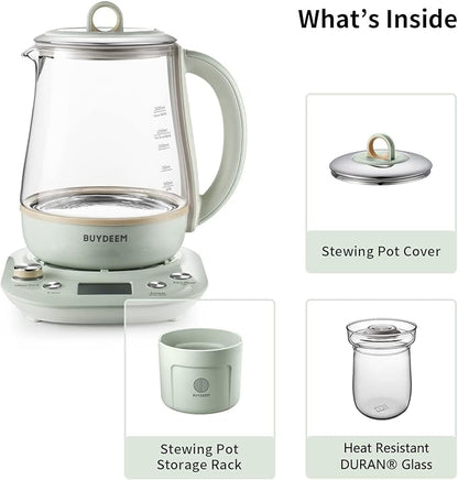 BUYDEEM Health Pot K2763 Lite, Glass Electric Kettle for Tea & Coffee, Hot Water Boiler and Wamer with Stew Pot, Temperature Control, Green, 1.5L