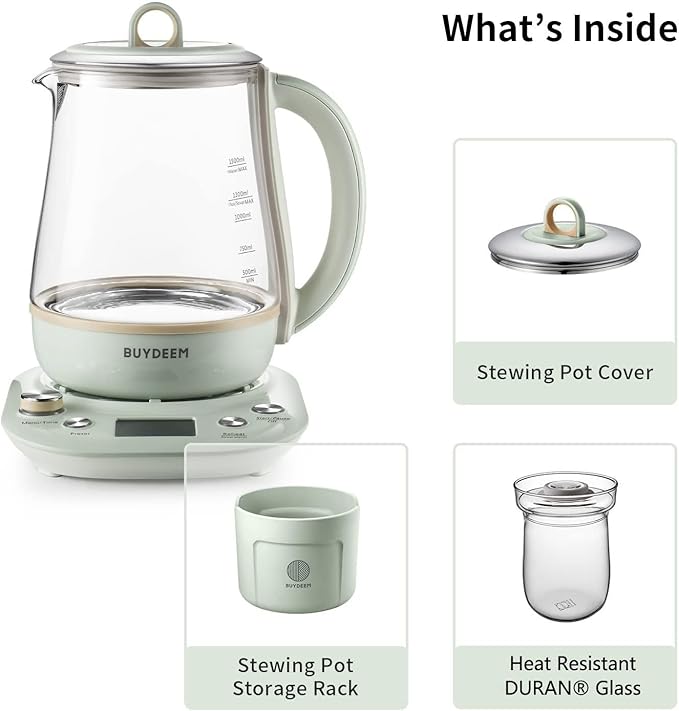 BUYDEEM Health Pot K2763 Lite, Glass Electric Kettle for Tea & Coffee, Hot Water Boiler and Wamer with Stew Pot, Temperature Control, Green, 1.5L