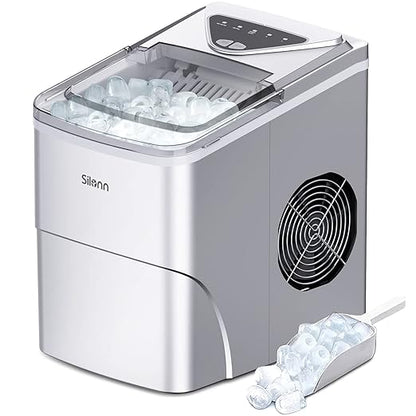 Silonn Ice Makers Countertop, 9 Cubes Ready in 6 Mins, 26lbs in 24Hrs, Self-Cleaning Ice Machine with Ice Scoop and Basket, 2 Sizes of Bullet Ice for Home Kitchen Office Bar Party, Sliver