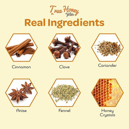 True Honey Chai Tea Bags - Providing Herbal Wellness - All Natural Organic Cinnamon, Clove, Coriander, Anise and Fennel Black - Blended with Honey Crystals Blended - 24 Count