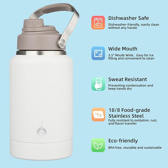 BJPKPK 64oz Insulated Water Bottles, Dishwasher Safe Half gallon Water Bottle with Metal Handle, BPA Free Spout Lid & Detachable Bowl, Large Stainless Steel Jugs, Milky White