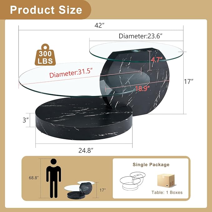 42 Inch Glass Coffee Table，Round Coffee Table with 2-Tier Tempered Glass Tabletop，Easy to Clean Circle Coffee Table with Sturdy Base for Living Room，Office (Black Marble Colored Base