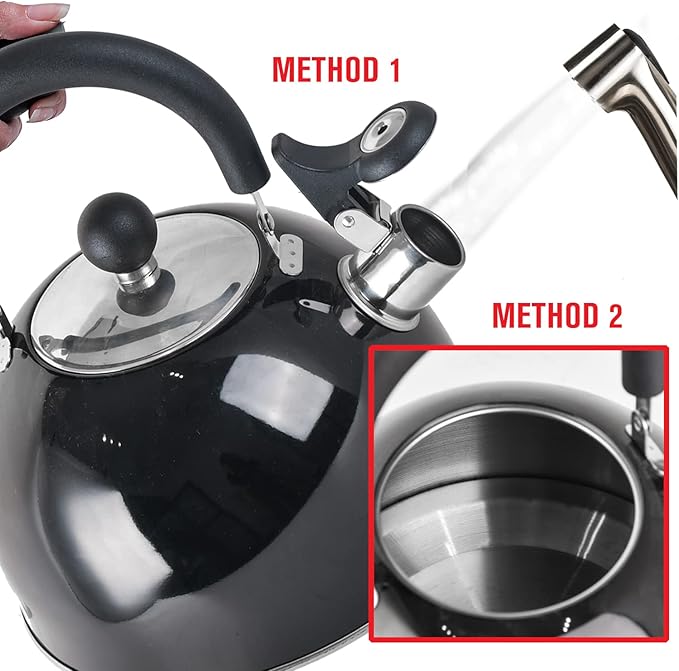 Emeril Lagasse 2.6 Quart/2.5 Liter Whistling Tea Kettle, Stainless Steel Tea Pot for Induction Stove Top, Fast to Boil Water for Home Kitchen Condo, with Ergonomic Cool Folding Grip Handle, Black