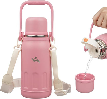 Insulated Water Bottle with Handle and Strap,Vacuum Travel Tumbler with Cup Lid,Thermo Coffee Cup for Hot Cold Drinks 27 OZ,Pink