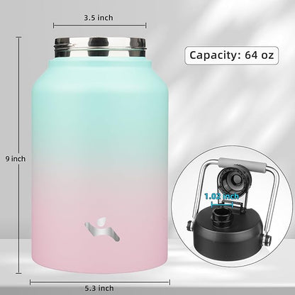 Half Gallon Jug with Handle,64 oz Insulated Water Bottle with Carrying Pouch,Double Wall Vacuum Stainless Steel Metal Bottle,Gum