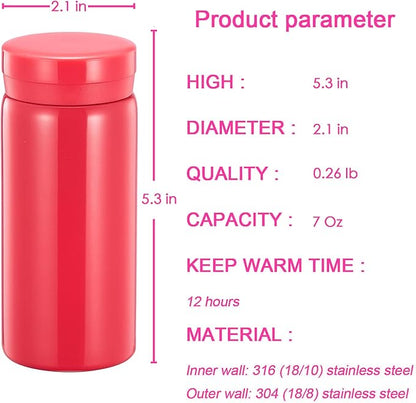 Mini Thermos Cute Water Bottle - 7 oz Tiny Insulated Vacuum 18/10 Stainless Steel Small Flask - Leak Proof & Spill Proof & Keeps Cold and Hot for Drink, Coffee, Tea - Rose Red