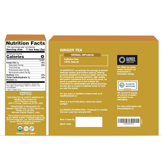 HANDPICK, Organic Ginger Tea Bags (100 Herbal Tea Bags), Authentic Indian Origin, Caffeine Free & 100% Pure Ginger Root |Soothing & Spicy Blend | Round Eco Conscious Teabags