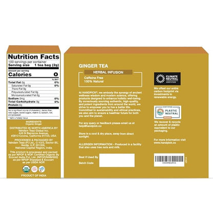 HANDPICK, Organic Ginger Tea Bags (100 Herbal Tea Bags), Authentic Indian Origin, Caffeine Free & 100% Pure Ginger Root |Soothing & Spicy Blend | Round Eco Conscious Teabags