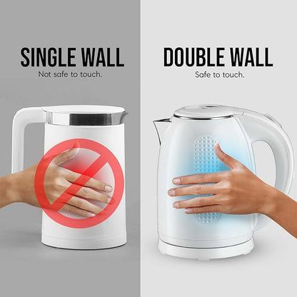 OVENTE Electric Kettle, 1.7L Double Wall Stainless Steel Insulated Water Boiler & Heater for Coffee or Tea, 1100W Fast Boiling with Auto Shut-Off, Boil-Dry Protection & Secure Locking Lid, White KD64W