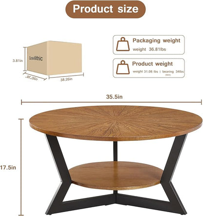 Round Wood Coffee Table for Living Room, 2-Tier Rustic Circle Table with Storage, Solid Natural Top with Metal Legs, Radial Pattern 35'x 17'