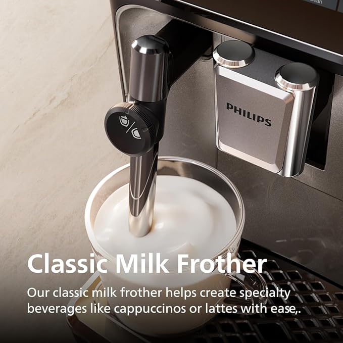 Philips 3300 Series Fully Automatic Espresso Machine with integrated milk frother and grinder, 5 Hot & Iced Coffee Pre-Sets, 40% Quieter SilentBrew, 15-Bar Pressure, Glossy Black (EP3326/90)