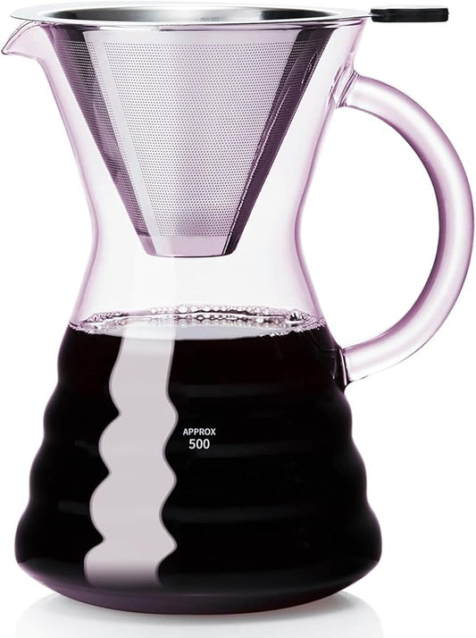 Unbreakable - Pour Over Coffee Maker with Permanent Stainless Filter 27 fl oz, Thickened Heat-Resistant Borosilicate Glass Dripper Coffee Brewer, Stovetop Safe, Pink