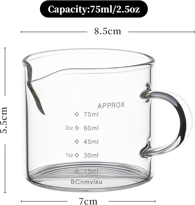 BCnmviku 4 PACK Espresso Glass Measuring Cup Triple Pitcher Milk Cup 75ML Espresso Cups with Handle Shot Glass with V-Shaped Mouth Clear Accessories Milk Frothing Pitcher (4)