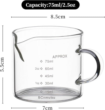 BCnmviku 4 PACK Espresso Glass Measuring Cup Triple Pitcher Milk Cup 75ML Espresso Cups with Handle Shot Glass with V-Shaped Mouth Clear Accessories Milk Frothing Pitcher (4)
