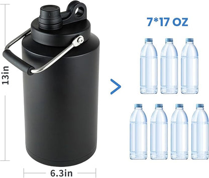 1 Gallon Water Jug Bottle Insulated with Straw, 128oz Stainless Steel Water Bottle Wide Mouth Double Vacuum Dishwasher Safe BPA Free for Hot & Cold Drinks Black