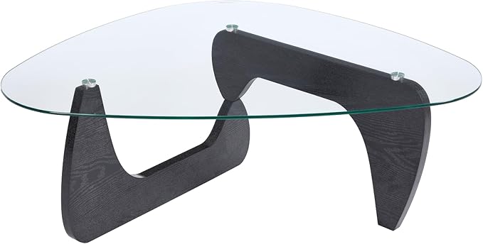 Modern Noguchi Coffee Table, Triangle Coffee Table with Tempered Glass Modern Vintage Glass Tea Table Wood Glass Accent Center Table for Living Room, 44.5”x32”x16.5”, Black Transparent
