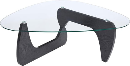 Modern Noguchi Coffee Table, Triangle Coffee Table with Tempered Glass Modern Vintage Glass Tea Table Wood Glass Accent Center Table for Living Room, 44.5”x32”x16.5”, Black Transparent