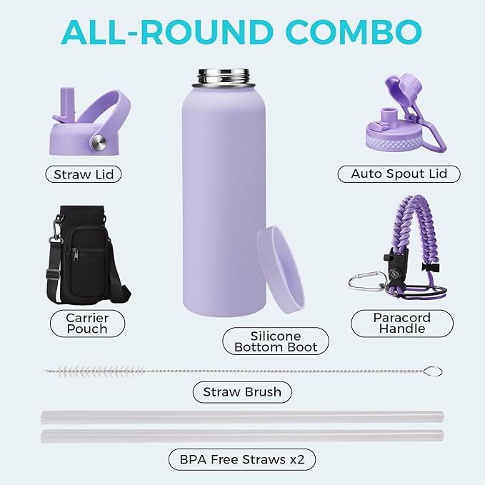 Stainless Steel 40 oz Water Bottle, Lilac Purple | with Straw Spout Lids, Cold 48H, Hot 24H, Insulated Water Bottle,Carrying Sleeve with Strap