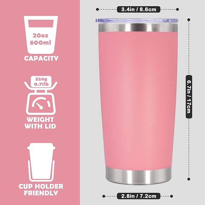 20oz Tumbler Stainless Steel Tumbler Cup with Lid Vacuum Insulated Double Wall Travel Mug, Durable Powder Coated Travel Coffee Tumbler Mug for Hot & Cold Drinks, Pink,1 Pack