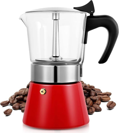 Induction Moka Pot, 9 Cups (15.9 oz) Crystal Glass-Top & Stainless Steel Moka Pot, Classic Stovetop Espresso Maker, Red