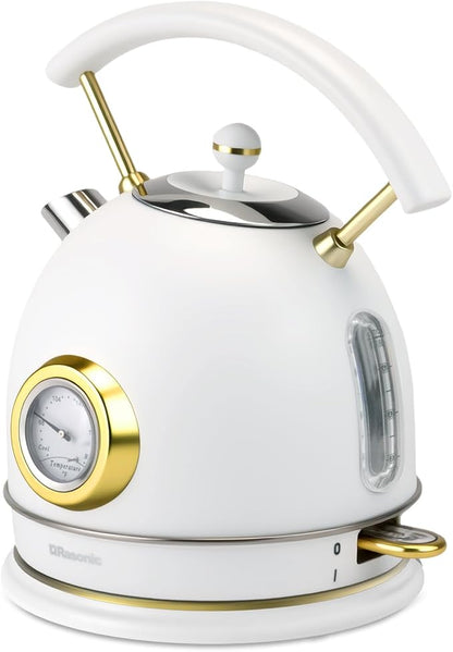 Rasonic Classic Retro Electric Kettle, 1.8L Stainless Steel, 1500W Fast Quiet Boiling, Temperature Gauge, LED Light, Auto Shut-Off, Home & Office Use - White and Champagne Gold