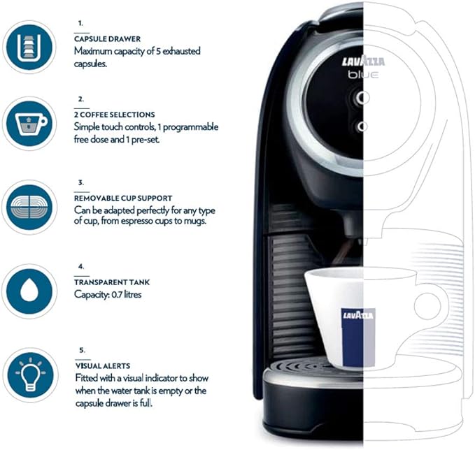 Lavazza BLUE Classy Mini Single Serve Espresso Coffee Machine LB 300, 5.3" x 13" x 10.2" 2 Coffee selections: simple touch controls, 1 programmable free dose and 1 pre-set