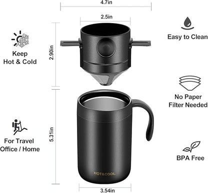 16oz Camping Coffee Maker Pour over Coffee Maker Set, Outdoor Portable Hand Drip Coffee Cup, Home Coffee Brewing and Filtering System, Double-Layer Vacuum 304 Stainless Steel (Black)