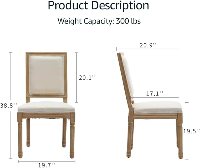 French Country Dining Chairs Set of 4, Beige Square Back Dining Chairs with Linen Upholstered Seat, Solid Wood Legs, Farmhouse Kitchen & Dining Room Chairs, Sillas De Comedor (Beige, 4Pcs)