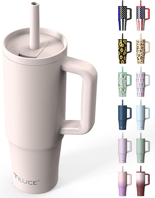 TILUCK 30 oz Tumbler with Handle, Vacuum Insulated Stainless Steel Travel Mug with 100% Leak-Proof Silicone Straw Lid, Cupholder Friendly Water Bottle(SakuraPink, 30oz)