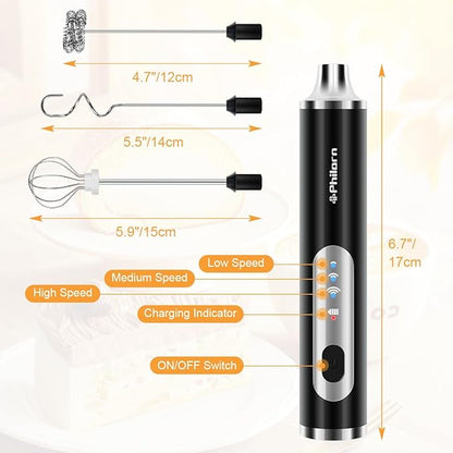 Philorn Milk Frother Wand Rechargeable, Handheld Coffee Drink Mixer Frother Foam Maker with 3 Heads 3 Speed for Lattes, Cappuccino, Frappe, Matcha, Hot Chocolate Egg Black (Black)